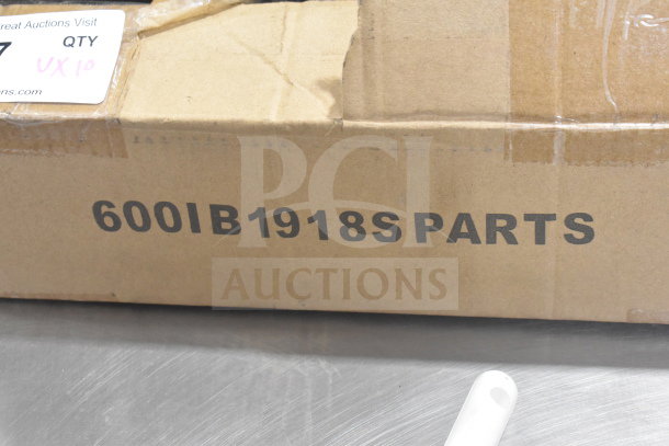 Cardboard box labeled "600IB1918S PARTS" containing various items including brush, scraper, support rod. Quantity: 10.
