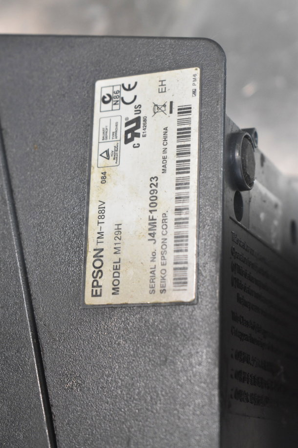 Epson M129H Receipt Printer, model TM-T88IV, serial J4MF100923, shown with manufacturer label.