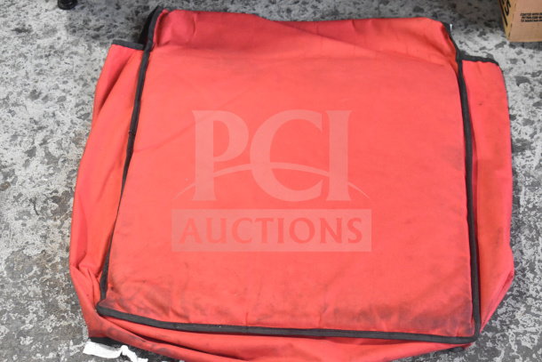 Red hot food catering carrying bag with black trim, showing signs of use. One of four included in auction.