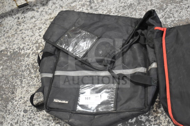 Black insulated food catering bags with handles and clear label pockets, featuring "homevative" branding; good condition.