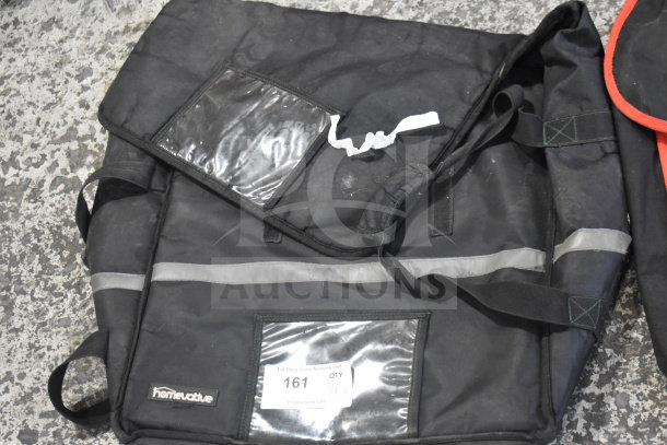 "Four black Homevative hot food catering bags, used condition, with reflective strips and ID pockets. Auction item 161."