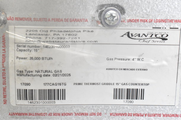 Avantco 177CAG15TG 15" countertop natural gas griddle label indicating 35,000 BTU, natural gas, and manufacturing date 02/21/2025.