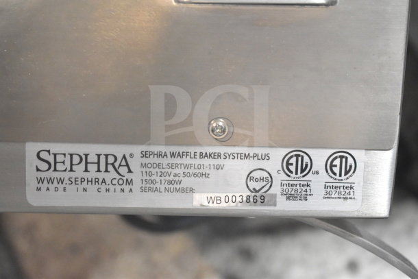 Sephra SERTWFL01 Commercial Waffle Maker, 110-120V, stainless steel, model details and certifications shown.