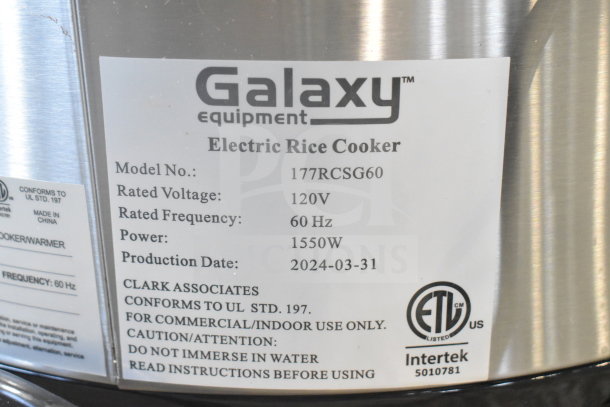 BRAND NEW 2024 Galaxy 177RCSG60 Electric Rice Cooker/Warmer. 120V, 1 phase, 1550W. Scratch and dent model, see label details.