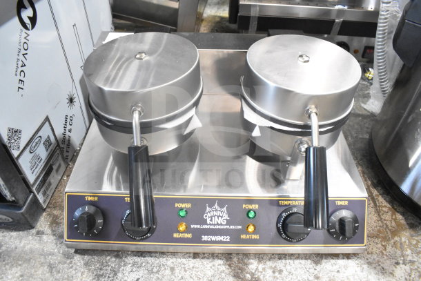 BRAND NEW Carnival King 382WSM22 double waffle maker, non-stick, timers, 120V, 1 phase, minor scratches, stainless steel.