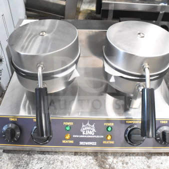 BRAND NEW Carnival King 382WSM22 double waffle maker, non-stick, timers, 120V, 1 phase, minor scratches, stainless steel.