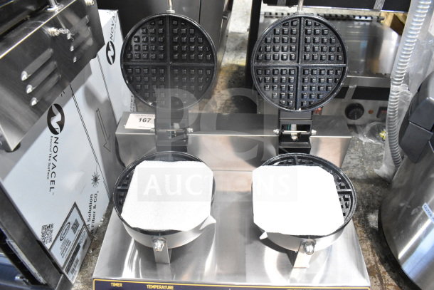 Brand new Carnival King 382WSM22 double waffle maker with timers, non-stick surface, 120V, 1 Phase, some cosmetic dents.