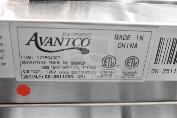 Brand new Avantco 177PG400T dual panini grill, grooved plates, 19 5/8"x9 1/8" surface, 120V, with timer. Serial CK-251106R-051.