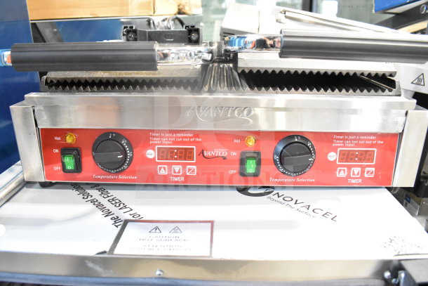 Avantco 177PG400T Panini Grill, brand new, grooved plates, timer, 19 5/8" x 9 1/8" surface, 120V.
