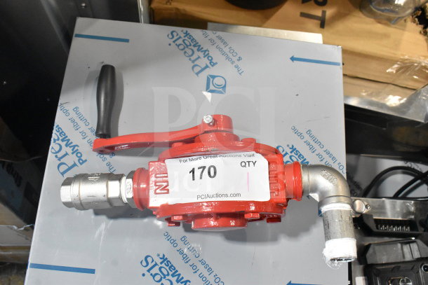 Red and chrome finish mechanical unit with handle, attached pipes, and visible label "170" indicating auction item.