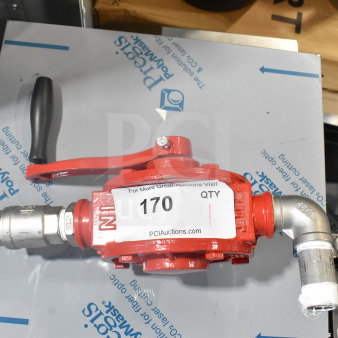 Red and chrome finish mechanical unit with handle, attached pipes, and visible label "170" indicating auction item.