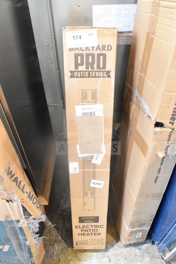 Brand new Backyard Pro Courtyard Series electric patio heater, silver, double tube, 220-240V, in box with minor dents.