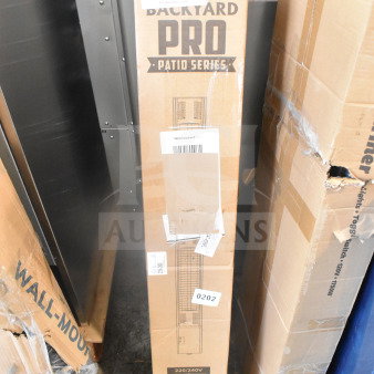 Brand new Backyard Pro Courtyard Series electric patio heater, silver, double tube, 220-240V, in box with minor dents.