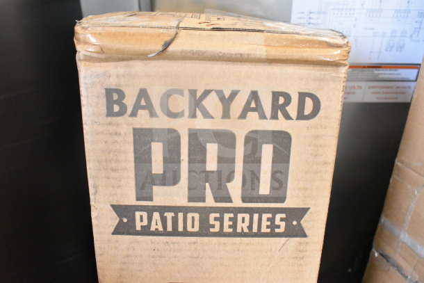 "Backyard Pro Courtyard Series silver double tube electric patio heater, new, scratch and dent condition, 220-240V."