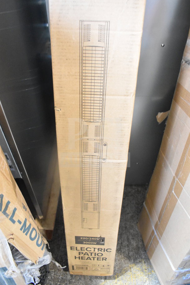 Boxed new Backyard Pro Courtyard Series Silver Double Tube Electric Patio Heater, 220-240V, 3000W, with slight scratches.