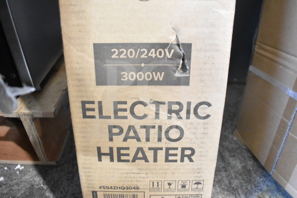 BRAND NEW Backyard Pro Courtyard Series Electric Patio Heater, 554ZHQ3046, 220-240V, 3000W, visible box dent, labels include caution symbols.