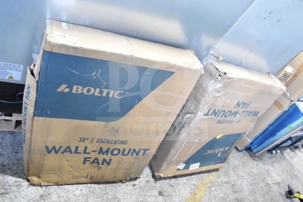 Boltic 73AVF30WLFO 30" wall-mounted fan in original packaging; condition shows minor box damage. Two-speed, 6,750-8,100 CFM, 120V.