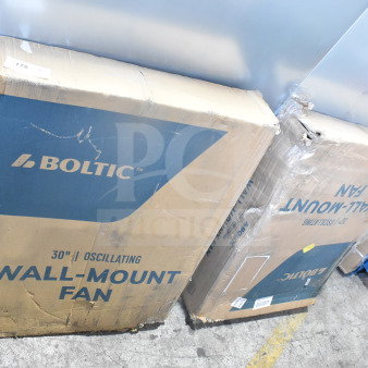 Boltic 73AVF30WLFO 30" wall-mounted fan in original packaging; condition shows minor box damage. Two-speed, 6,750-8,100 CFM, 120V.