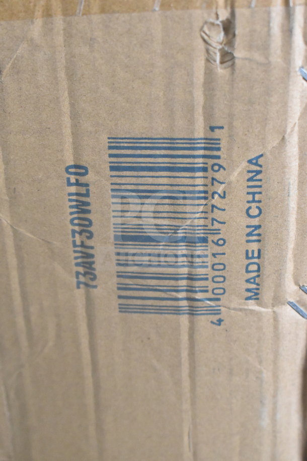 Box with label reading "73AVF30WLFO" and "Made in China," containing a Boltic 30" 2-speed oscillating fan, 6750-8100 CFM, 120V.