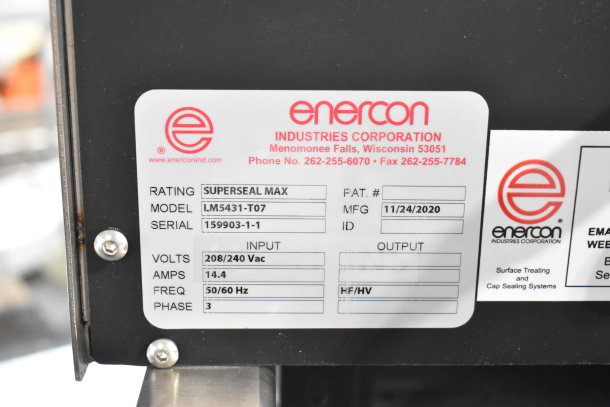 2020 Enercon LM5431-T07 Super Seal Max Induction Cap Sealer, 208/240V, 3 Phase, Mfg 11/24/2020, Serial 159903-1-1.