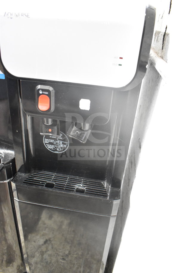 Aquaverse A6500 water dispenser, floor style, black finish, dual hot and cold taps, good condition, 110-120V, 1 Phase.