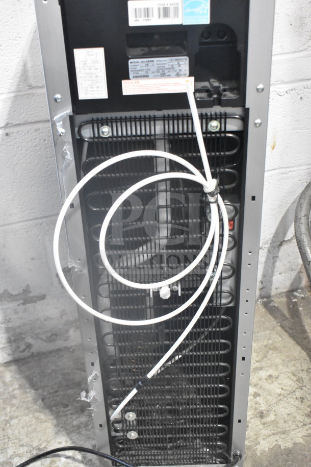Aquaverse A6500 Floor Style Water Dispenser, rear view showing model label, wiring, and cooling system components.