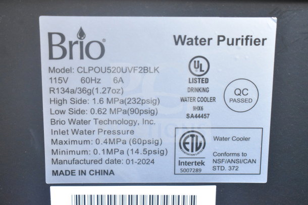Brio CLPOU520UVF2BLK floor water purifier, 115V, QC passed, NSF/ANSI conforming, made in China, Jan 2024.