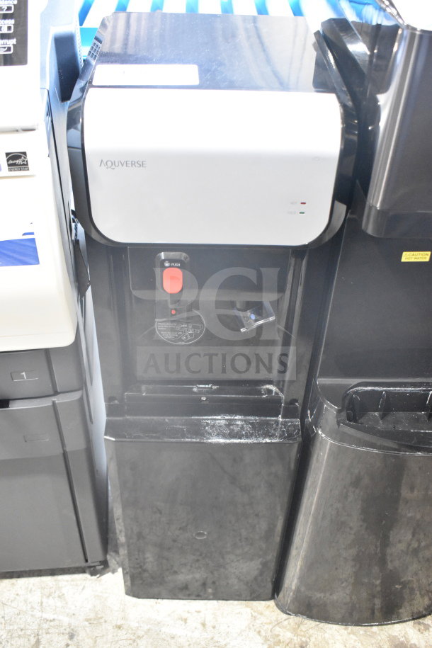 Aquaverse A6500 floor water dispenser, 110-120V, 1 Phase, silver and black, hot and cold water features, used condition.