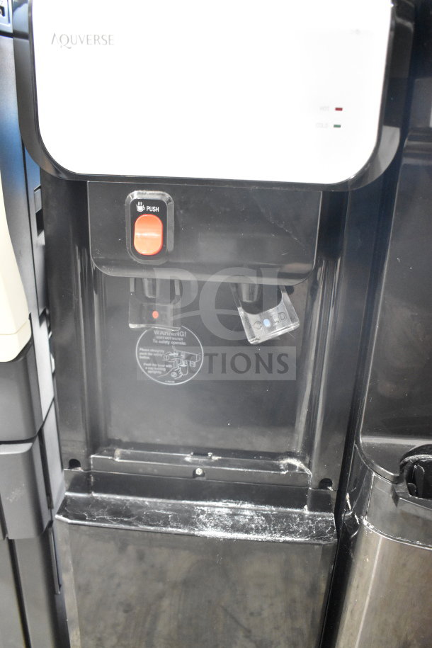 Aquaverse A6500 floor-style water dispenser, 110-120 volts, 1 phase, featuring hot and cold push buttons, good condition.