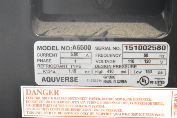 Aquaverse A6500 floor water dispenser label; 110-120V, 1 phase, model A6500, refrigerant R134a, serial 151002580.