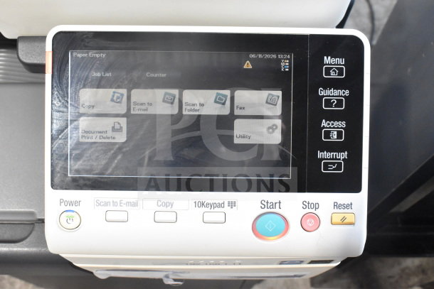 Konica Minolta Bizhub C3350 printer control panel displaying menu options for copying, scanning, and utilities.