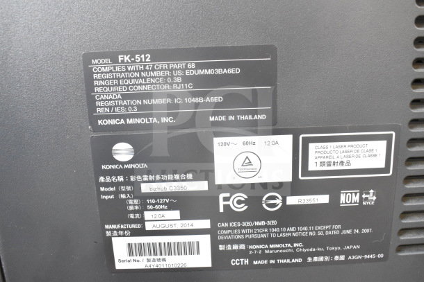 Konica Minolta Bizhub C3350 floor model scanner copier printer, manufactured August 2014, model FK-512, Made in Thailand.