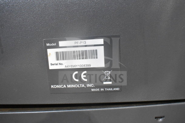 Konica Minolta Bizhub C3350 scanner copier printer, model PF-P13, tag shows serial number A4Y6WY1008399, made in Thailand.