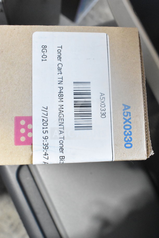 Konica Minolta Bizhub C3350, multifunction printer copier, floor style, includes magenta toner cartridge, model A5X0330.