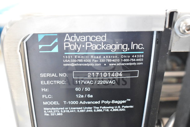 Advanced Poly Packaging T-1000 Bagger, Model T-1000, Serial No. 217101404, 117/220 Volts, visible manufacturer label.