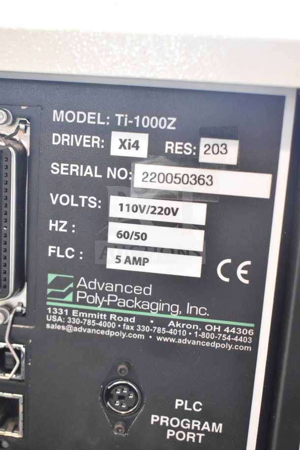 Advanced Poly Packaging T-1000Z Bagger, 110/220V, serial 220050363, model Ti-1000Z details shown.