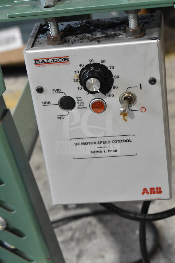 Roach Floor Style Conveyor control panel, 115 volts, 1 phase. Features DC motor speed control by ABB with Baldor branding.