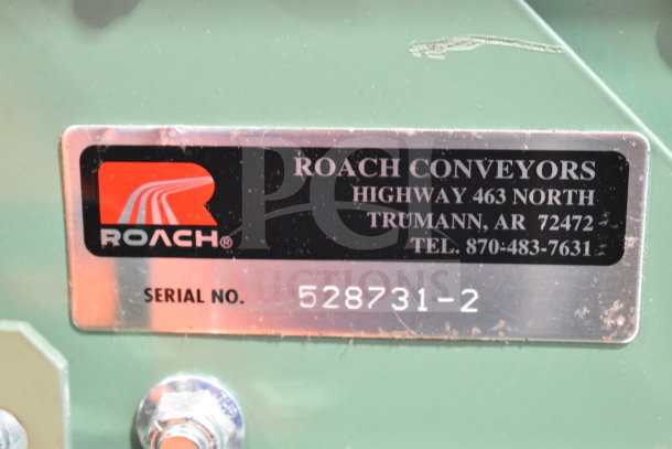 Roach Floor Style Conveyor, 115 Volts, 1 Phase, serial no. 528731-2, label showing manufacturer's details.