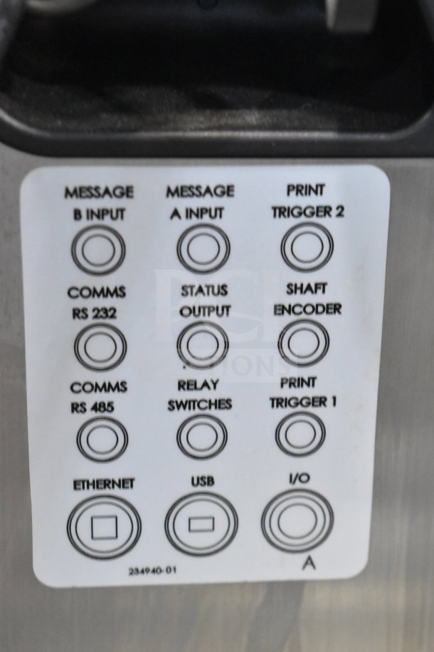Videojet 1620 inkjet printer with various input/output ports and status indicators. Model 234940-01, 100-240V, 1 phase.