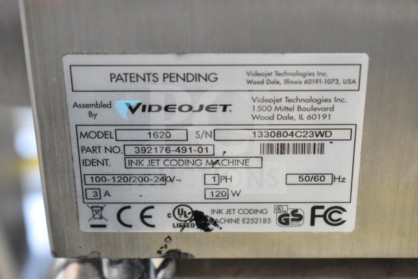 Videojet 1620 Inkjet Printer label, showing model, serial number, voltage options, and certifications.