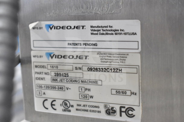 Videojet 1610 inkjet coding machine label, showing model, serial number 0926332C12ZH, and electrical specs (100-240V).