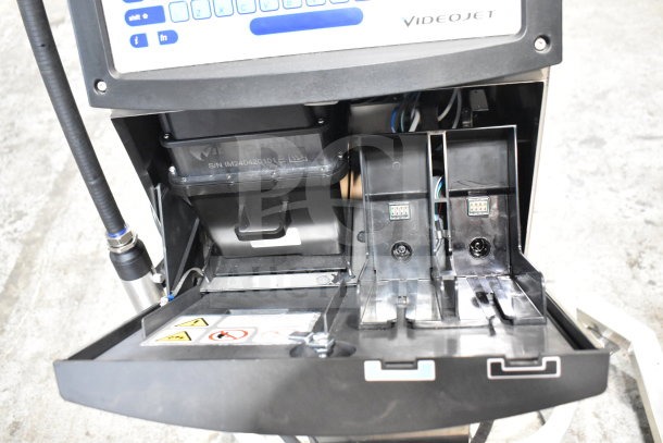 Videojet 1220 Inkjet Coding Machine, open panel showing internal components, S/N visible, 100-240V, 1 Phase, used condition.