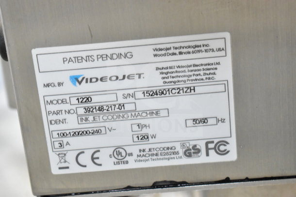 Videojet 1220 Inkjet Coding Machine label showing model 1220, serial number 1524901C21ZH, voltage 100-240, and 1 phase.
