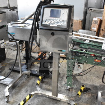 Videojet 1620 inkjet coding machine, floor style, 100-120/200-240 volts, 1 phase, on wheeled base, good condition.