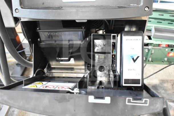 Videojet 1620 Floor Style Inkjet Coding Machine showing internal components, visible labels, voltage details, and condition.