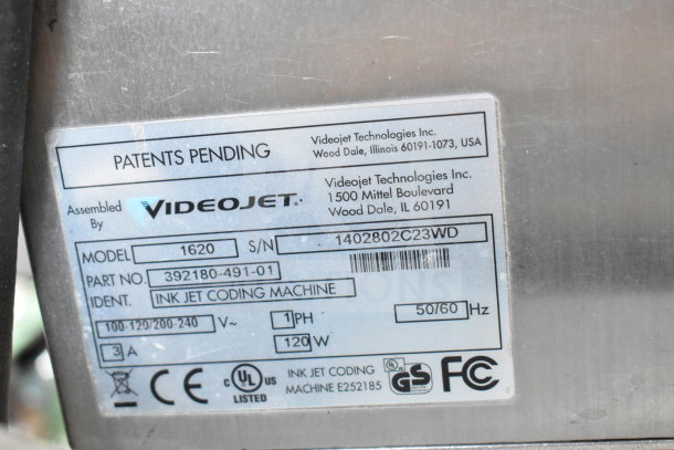 Videojet 1620 Inkjet Coding Machine label, showing model 1620, part number 392180-491-01, and electrical specs.