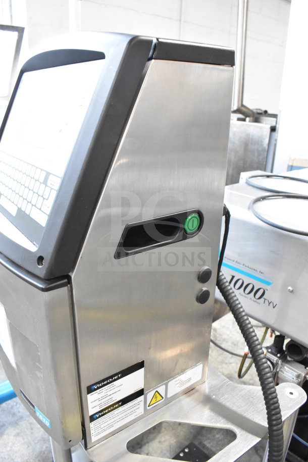 Videojet 1610 Floor Style Inkjet Coding Machine, stainless steel, 100-240V, 1 Phase, excellent condition, with label and power button.