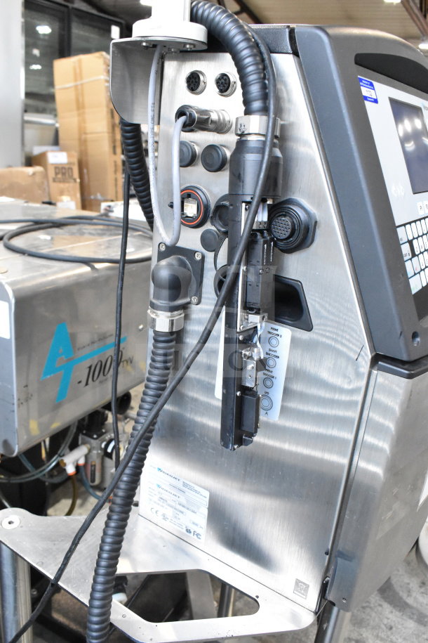 Videojet 1610 Inkjet Coding Machine, stainless steel, floor style, 100-240V, 1 Phase. Visible connectors and display.