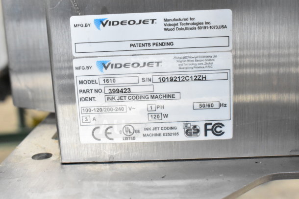 Videojet 1610 Inkjet Coding Machine, floor style, 100-240V, 1 phase, model label with serial and part numbers visible.