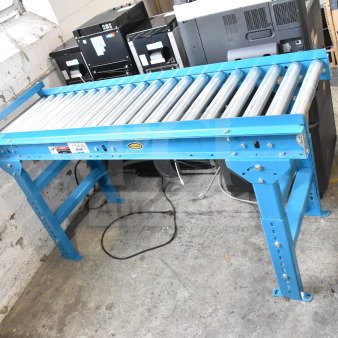 Hytrol Floor Style Roller Conveyor in blue, excellent condition, features adjustable legs and durable rollers. Model 1258 visible.